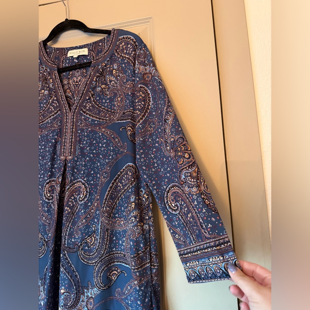 Hale Bob Navy and Brown Paisley Long Sleeve Dress - Picture 4 of 9
